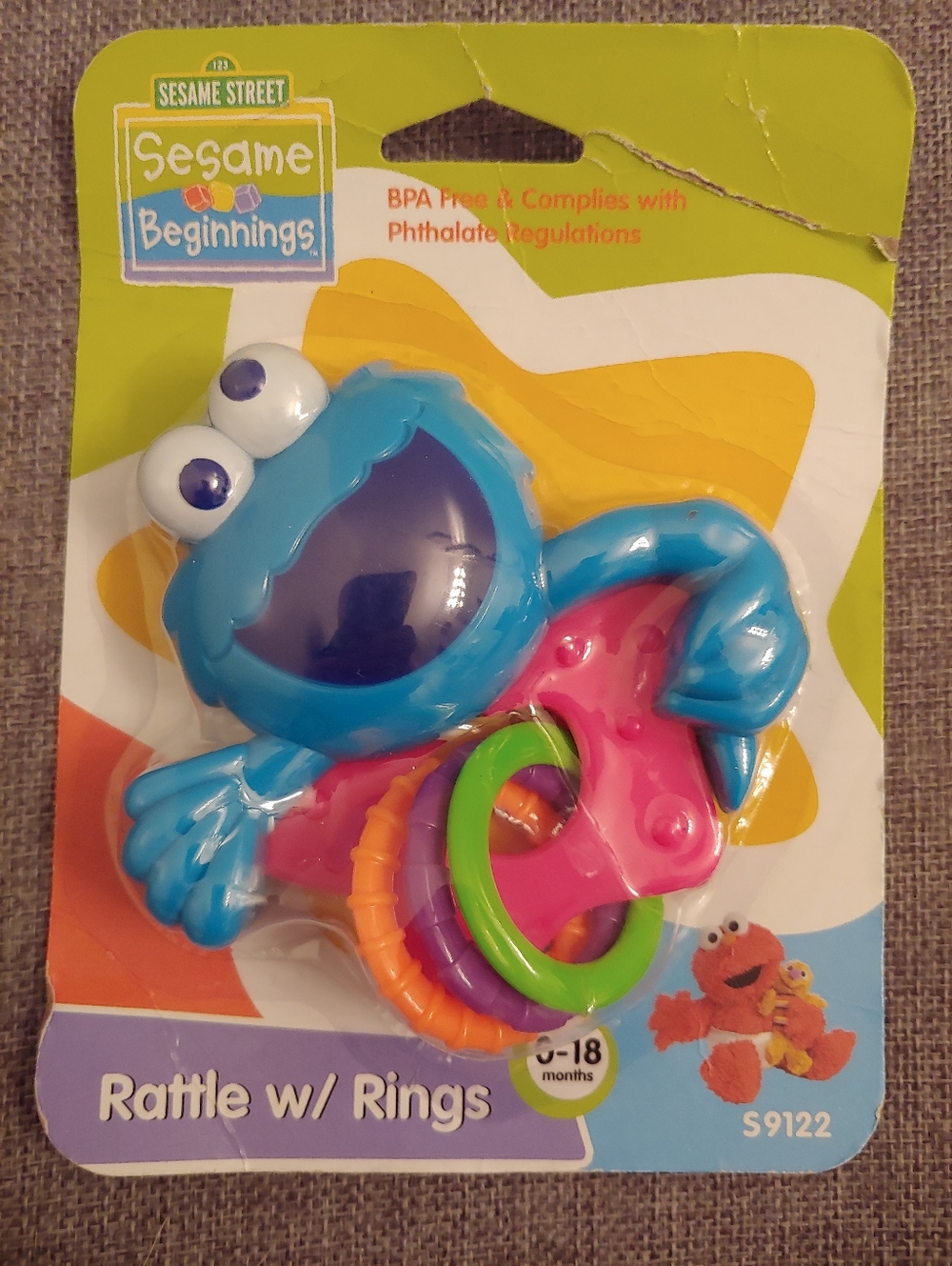 Sesame Beginnings Cookie Monster Rattle with Rings - Blue & Pink